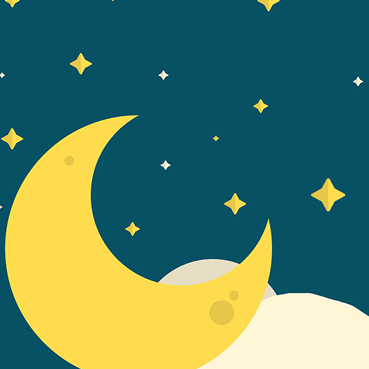 A graphic of a crescent moon with stars and clouds.