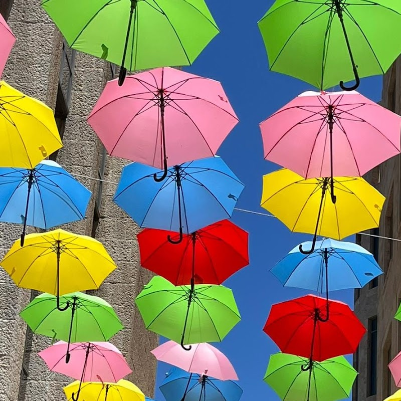 umbrella shaded street in Jerusalem